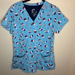 Prints by Maevn XS Red White and Blue Patriotic Ice Pop Ice-cream Scrub Top